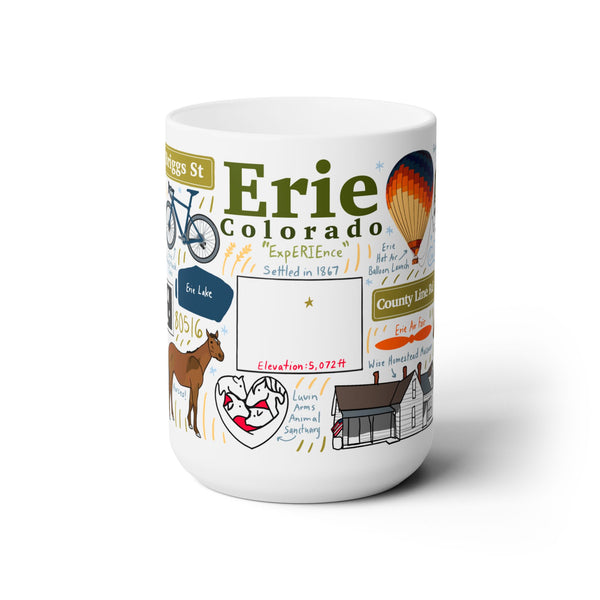 White 15oz ceramic mug illustrated with Erie, Colorado landmarks including a bicycle, Erie Lake, a hot air balloon, a horse, and a historic farmhouse