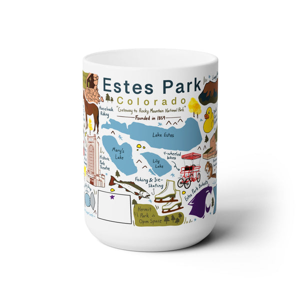 White 15oz ceramic mug illustrated with Estes Park landmarks including Lake Estes, the Stanley Hotel, and local wildlife