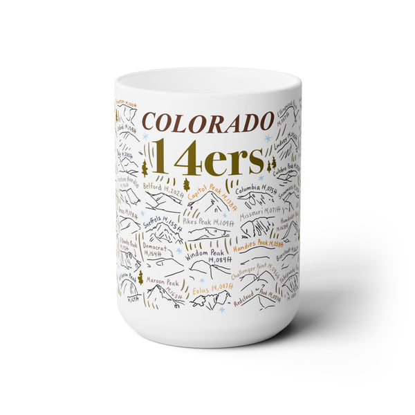 White 15oz ceramic mug covered in hand-drawn illustrations of Colorado's 14ers with their names and elevations